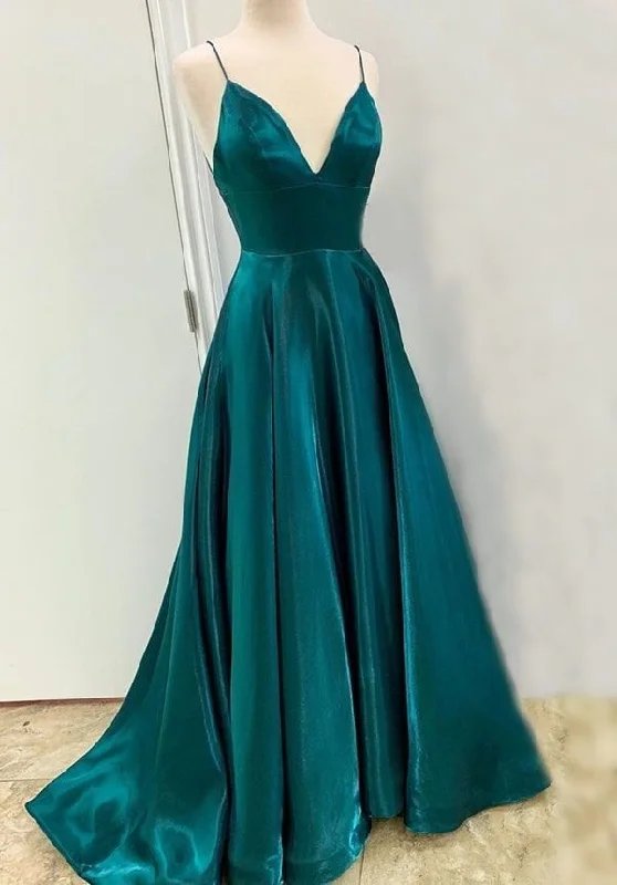 structured dressA-line Spaghetti Straps V Neck Satin Prom Dress, Graduation Dress Y753