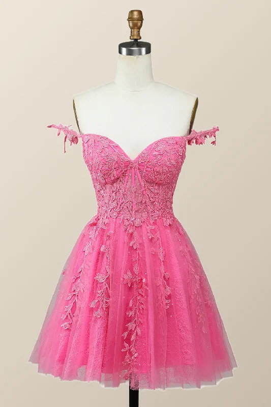 high-waisted dressOff the Shoulder Hot Pink Lace Short Homecoming Dress