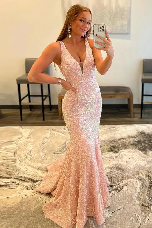 silk dressPink Deep V Neck Mermaid Prom Dress Y331