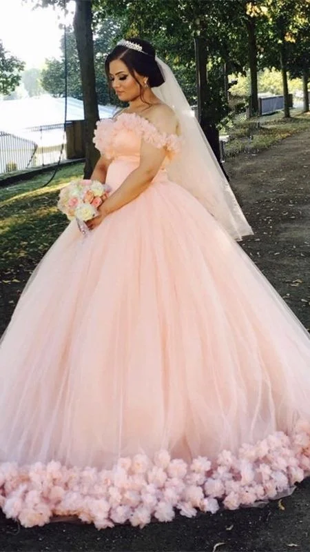 formal dressOff The Shoulder Hand Made Flowers Wedding Dress Tulle Wedding Dress Y474