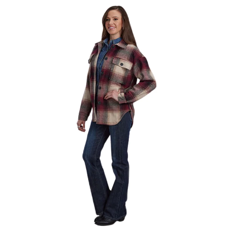 windbreaker jacketWomen's Burgundy Plaid Flannel Shirt Jacket 03-098-0119-1805