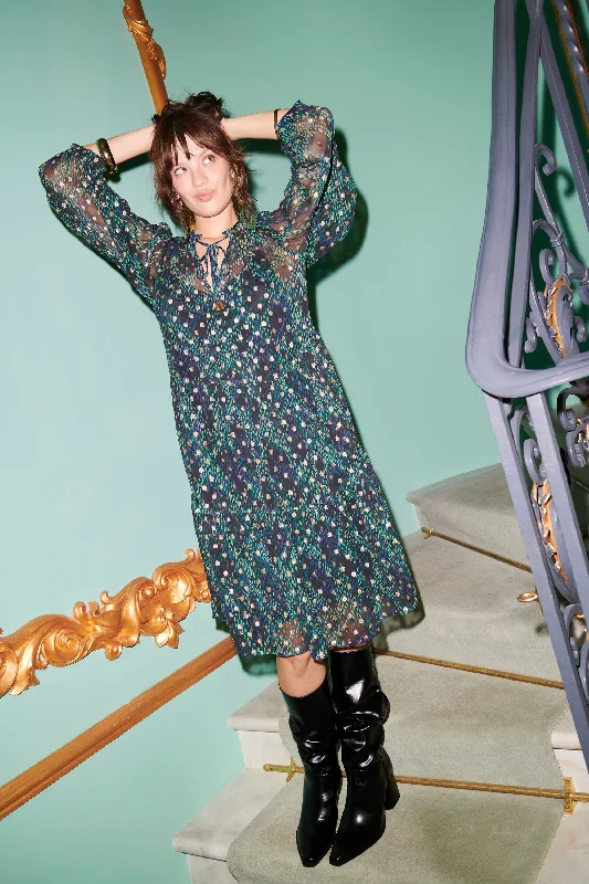 Deal Dash wool dressMidnight with Teal Snake Print Foil Chiffon Tiered Short Dress