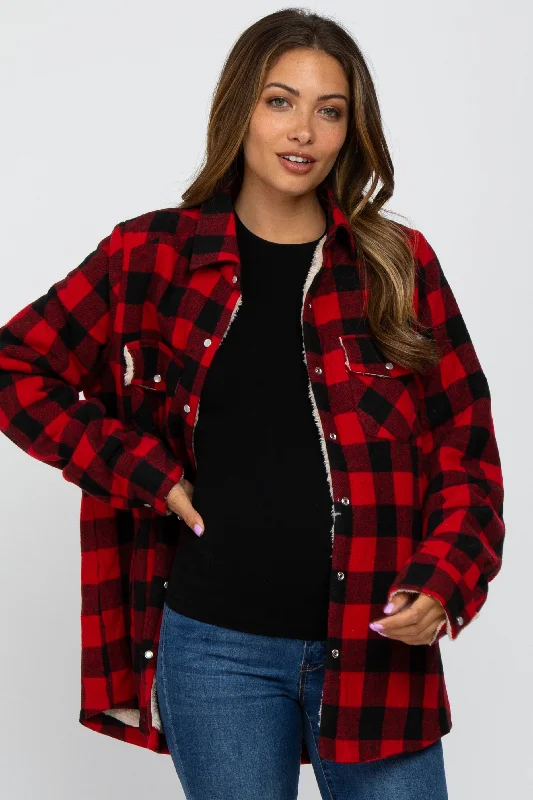 Online Only Red Black Plaid Sherpa Lined Maternity Jacket