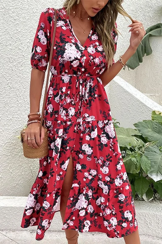 Can't Be Beat shift dressFRONT SLIT V NECK PUFF FLORAL DRESS