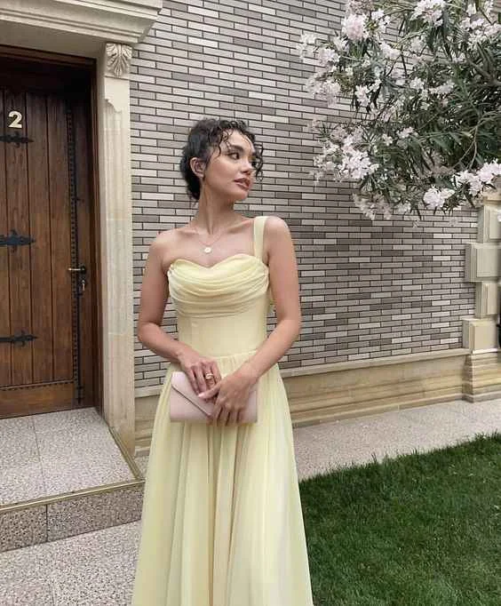 Final Markdown high-waisted dressLight Yellow Sweetheart One Shoulder A-Line Long Party Dress,DP1768