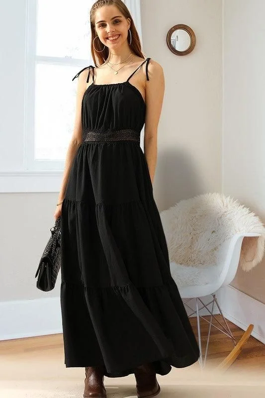 Super Sale trendy bodycon dressTIED STRING SPAGHETTI STRAP LACE WAIST MAXI DRESS