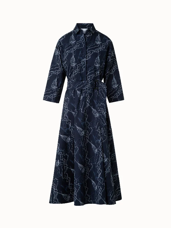 Special Promotion evening dressMidi Shirt Dress in Cotton with Sailboat Print