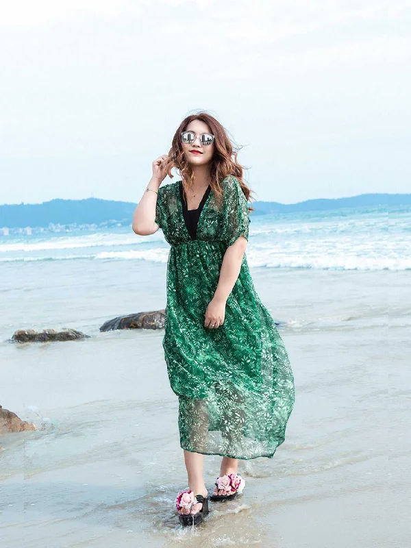 Get It Before It’s Gone lace-up dressKittenAlarm - Plus size Green Plant Print Deep V-Neck High Waist Contrast Color Piping Dress