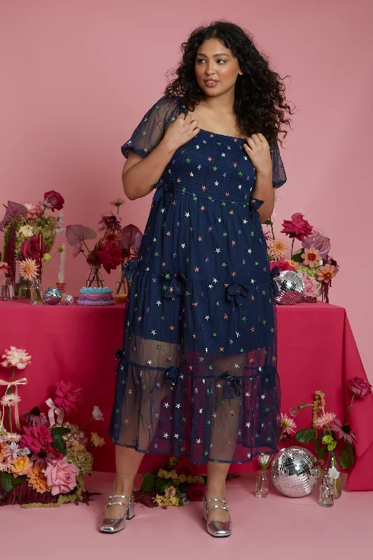 Daily Deals Evelyn Rainbow Star print Navy Tulle Midi Dress Curve