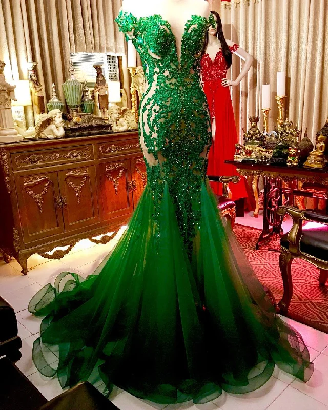 party-ready dressIllusion Back Green Mermaid Prom Dress with Beading Y1361