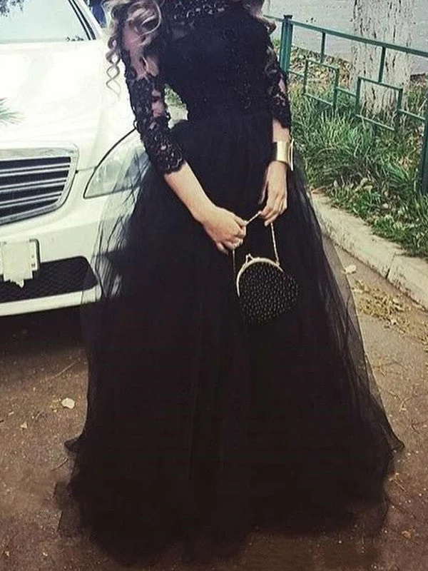 Weekend Special Black prom dresses A-line Bateau Floor-length Tulle Prom Dress Evening Dress MK037