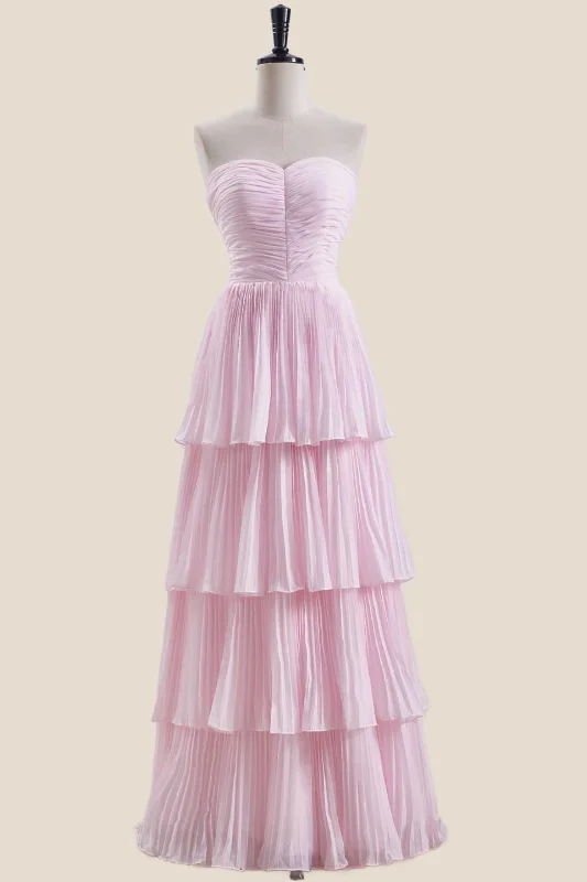 casual shift dressStrapless Pink Pleated Tiered Long Party Dress