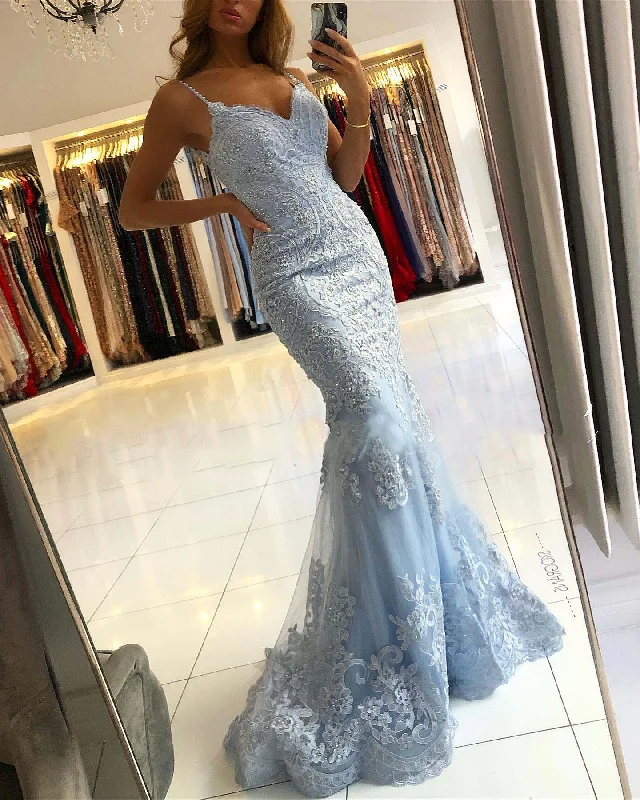 Low Prices wool dressLight Blue Straps Tulle Appliques Mermaid Long Party Dress,DP1767