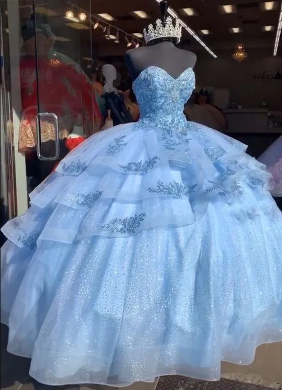 v-neck dressPuffy Ball Gown, Blue Tulle Princess Dresses,Blue Quinceanera Dress Y528