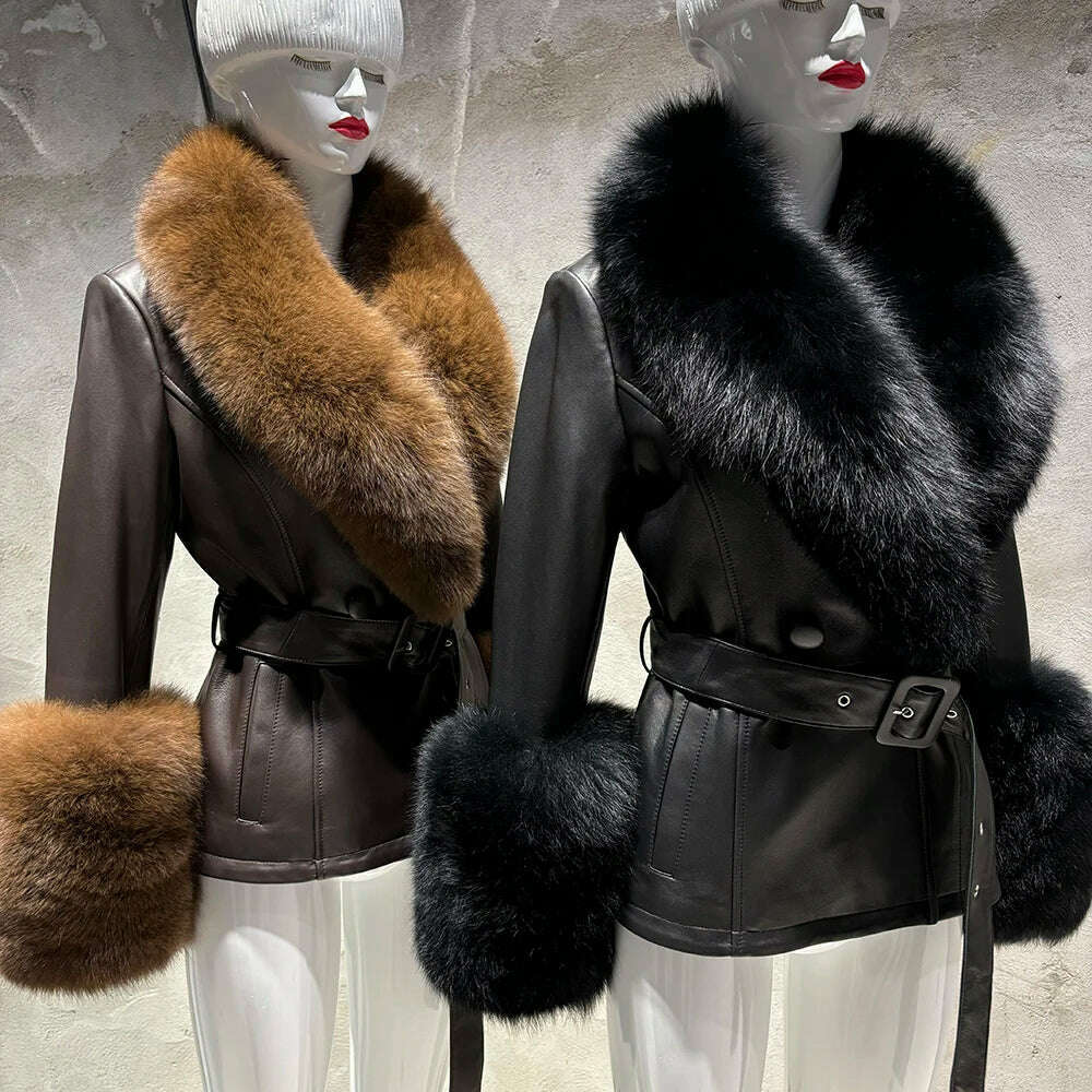 Bargain Prices YOLOAgain Women's Real Fox Fur Collar Sheepskin Leather Jacket Coat Autumn 2024