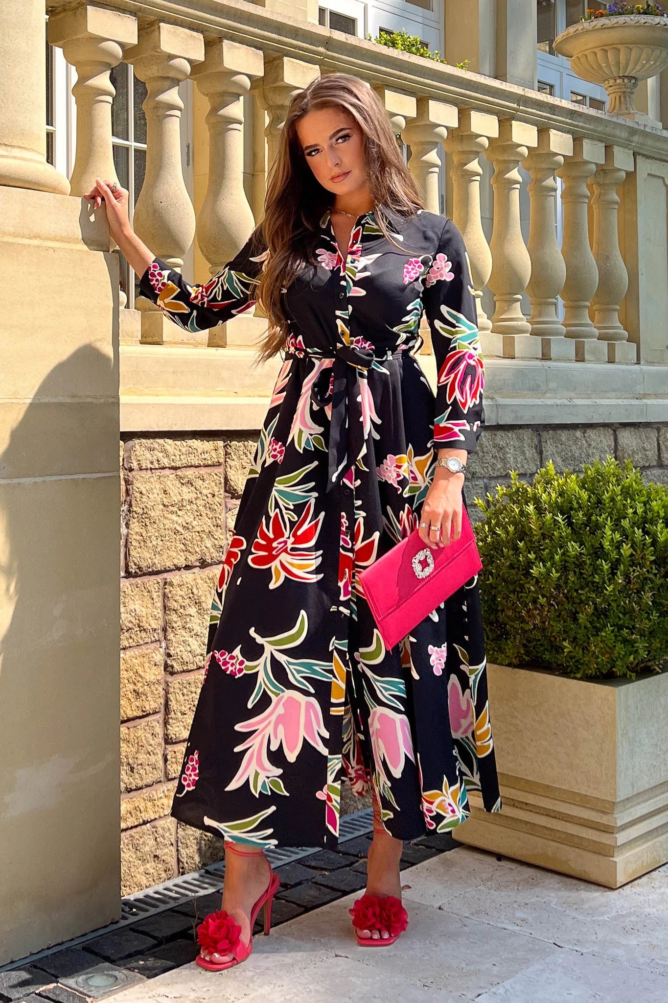 Quick Sale trendy dressAna Black Floral Print Belted Shirt Dress