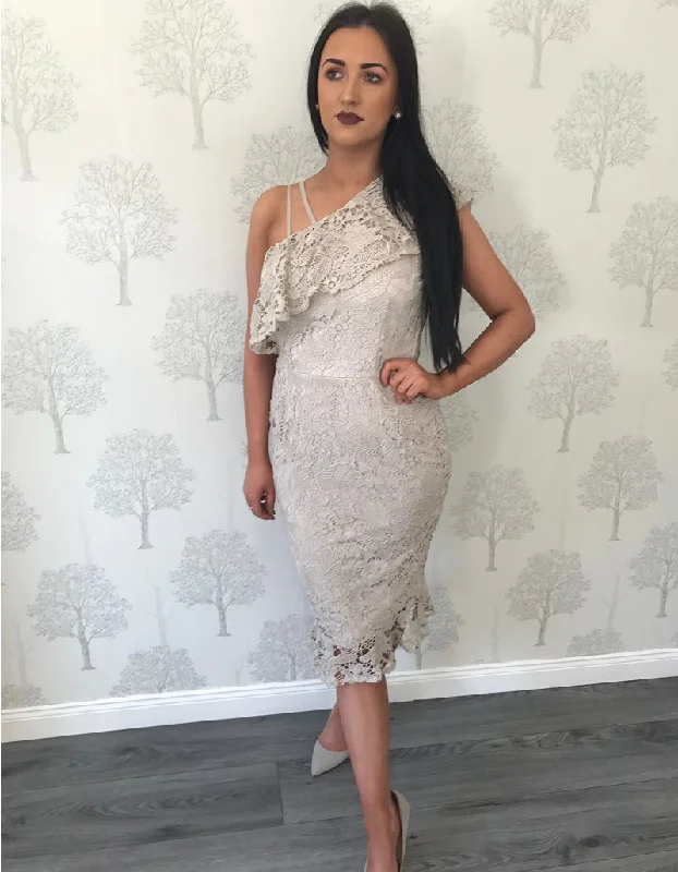 Shop and Save comfy maxi dressFaye Stone Lace One Shoulder Frill Pencil Dress