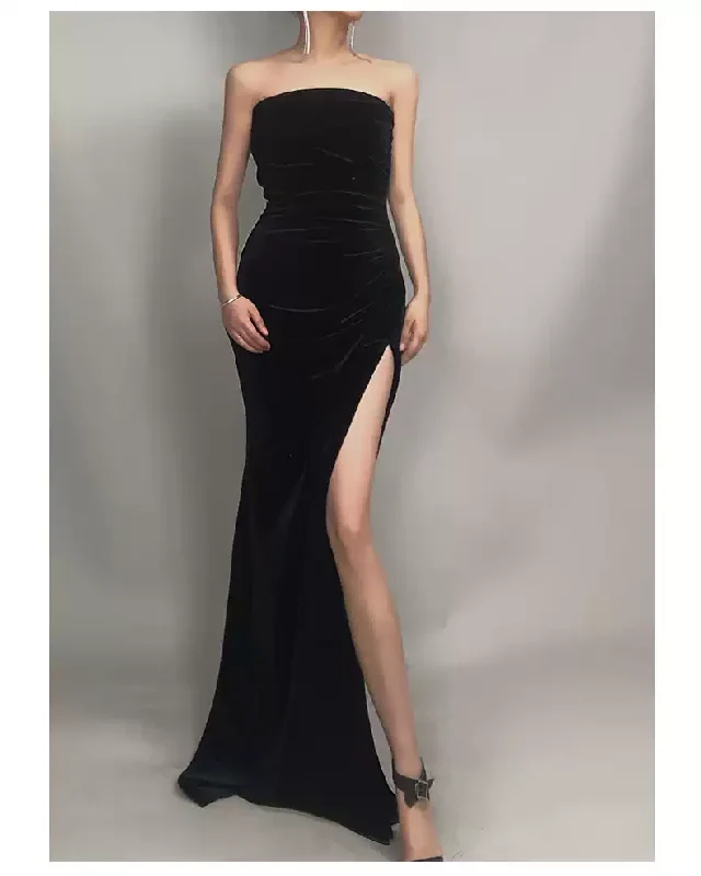 denim dressElegant Strapless Black Velvet Prom Dress With Slit,Gala Dress Y1412