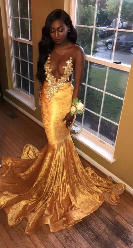 ashionable dressNewly Gold Transparent Velvet Long Train With Appliques Prom Dresses Y891