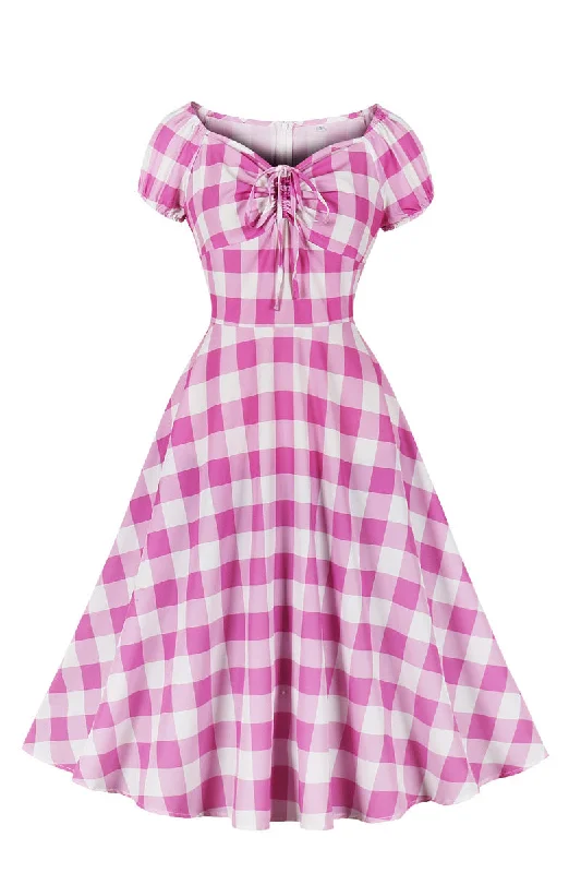 flowy maxi dressShort Sleeves Pink Plaid Short Dress