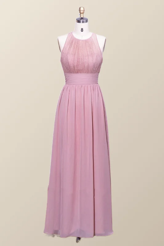 velvet dressHalter Blush Pink Chiffon A-line Long Bridesmaid Dress