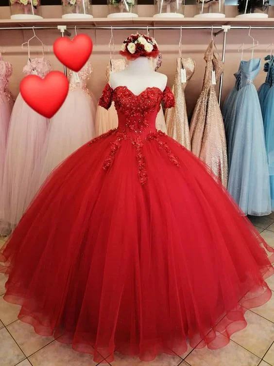 tiered dressGenerous Red A-line Tulle Lace Ball Gown,Sweet 16 Dress Y1221