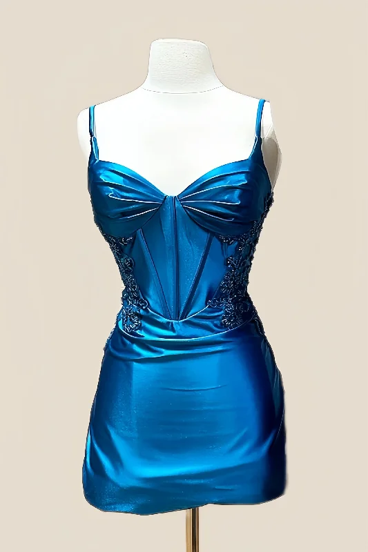 elegant dressSpaghetti Straps Blue Beaded Bodycon Short Dress