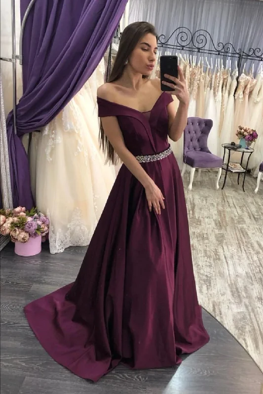 denim dressGrape Purple Satin Prom Dresses with Beaded Belt Y933