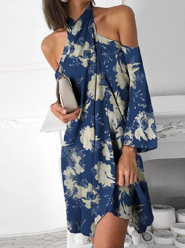 Deal Mania pleated dressHalter A-Line Casual Long Sleeve Dresses