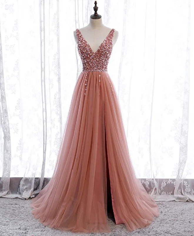 backless dressPink V Neck Tulle Sequin Long Prom Dress Pink Formal Dress Y95