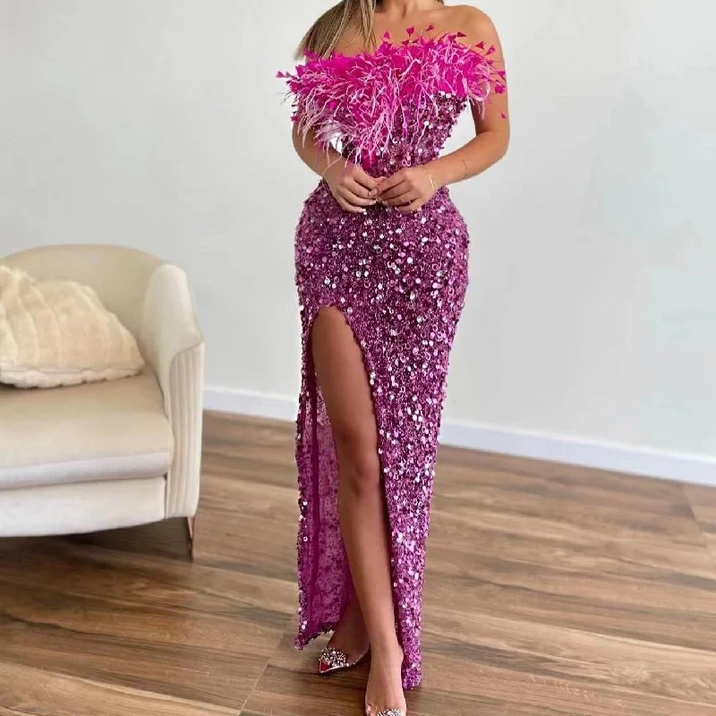 Crazy Deals off-the-shoulder dressKittenAlarm - Parker Strapless Feather & Sequin Embellishment Side Slit Maxi Dress Crazy Deals off-the-shoulder dressKittenAlarm - Parker Strapless Feather & Sequin Embellishment Side Slit Maxi Dress