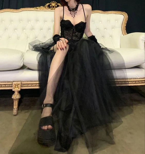 winter dressGothic Black Tulle Prom Dress,Sexy Black Sleeveless Prom Gown Y1133