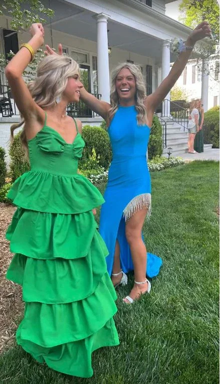 Exclusive Offers trendy wrap dressGreen Spaghetti Straps Tiered Cute Long Party Dress, DP2611