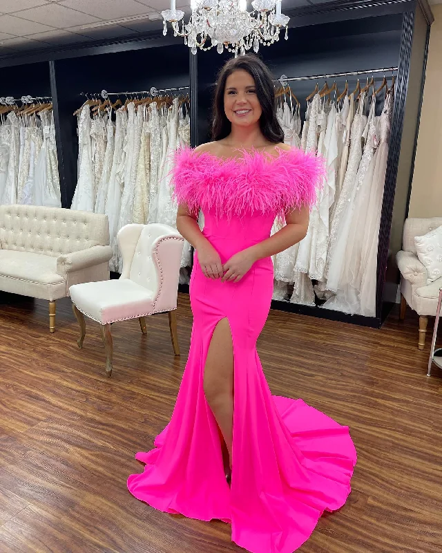 minimalistic dressHot Pink Mermaid Feather Neckline Off the Shoulder Formal Dress Elegant Hot Pink Prom Dress Y1311