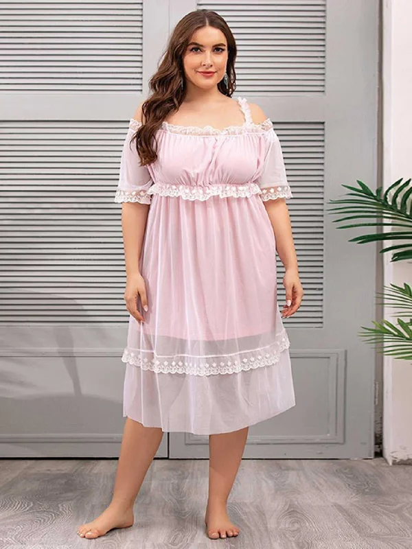 Don’t Miss Out midi dressKittenAlarm - Plus Size Mesh V-neck Lace Sheer Lounge Wear Short Sleeve Nightdress