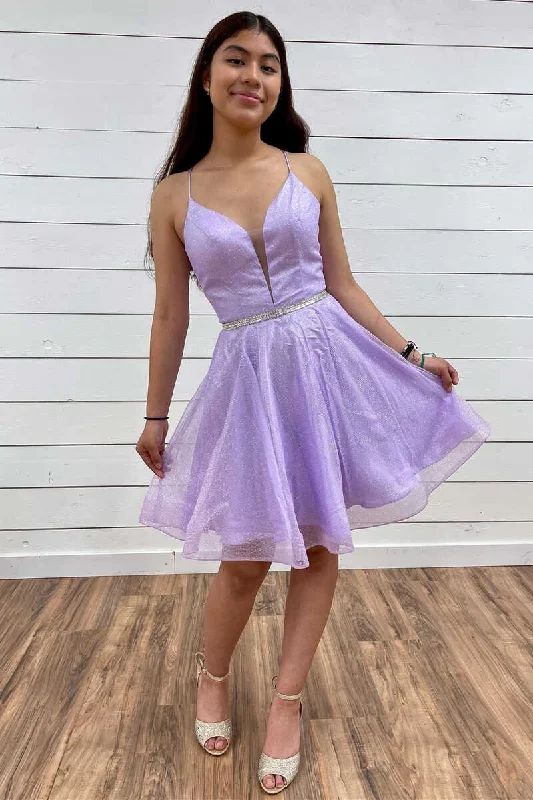 layered dressA-Line Lavender Plunge V Short Homecoming Dress Y931