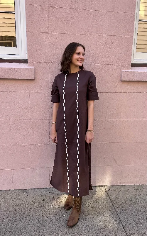 Instant Discount Anne Maxi Dress Brown with White Scallop