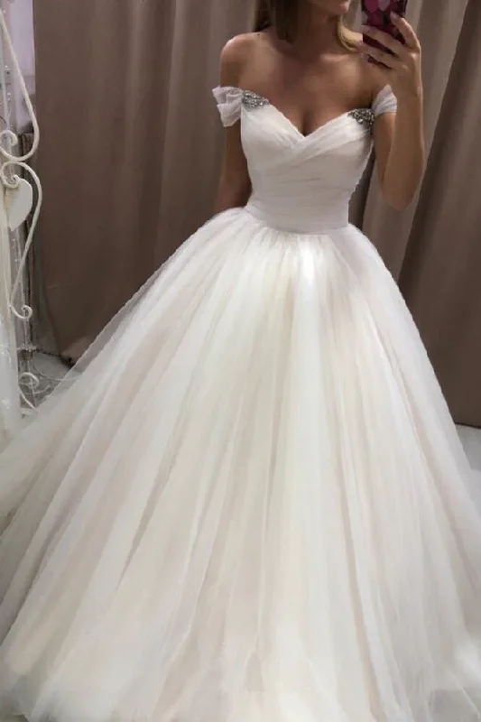 tiered dressOff The Shoulder Tulle Sweetheart White Wedding Dresses Bridal Gown Y863