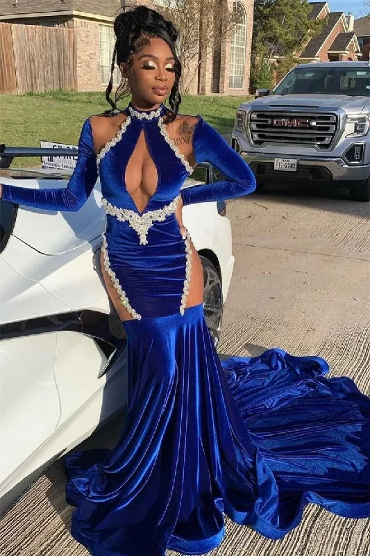 Final Clearance stylish dressRoyal Blue High Neck Long Sleeves Black Girl Mermaid Prom Dress, DP2655