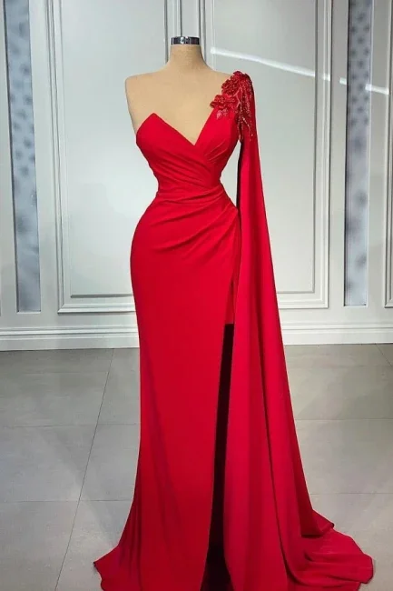 shift dressRed One-shoulder Sleeveless Mermaid Satin Floor-Length Prom Dresses With Ruffles Y155