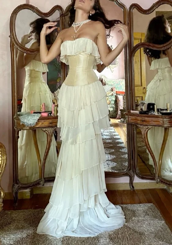 Flash Sale sleek midi dressIvory Strapless Chiffon Tiered Sheath Gorgeous Evening Dress, DP2647