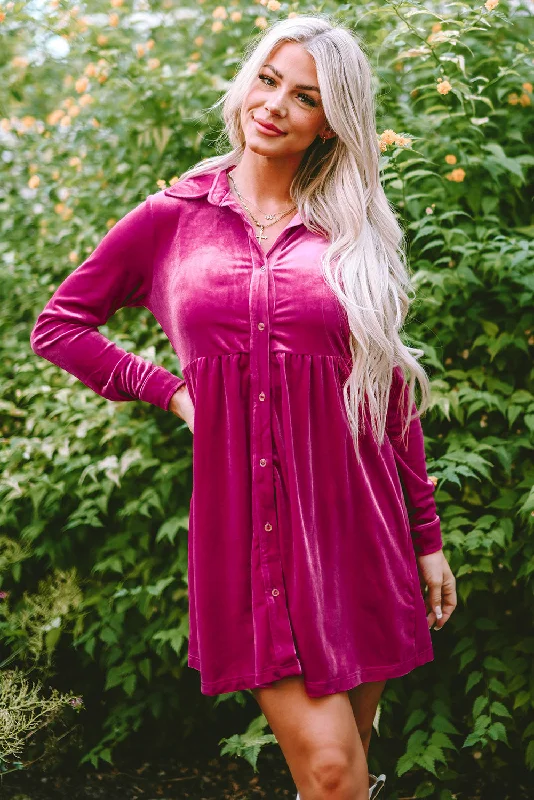 Deal of the Day Rose Long Sleeve Ruffle Velvet Button Up Dress