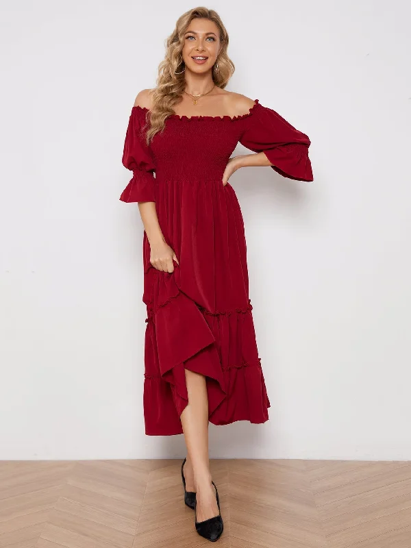 While Supplies Last form-fitting dressKittenAlarm - Off Shoulder Solid Color Slit Pleated Long Sleeve Dress