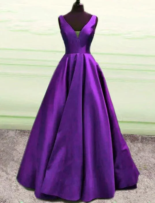 mini dressElegant V Neck Purple Satin Long Prom Dress,Formal Gown Y1080