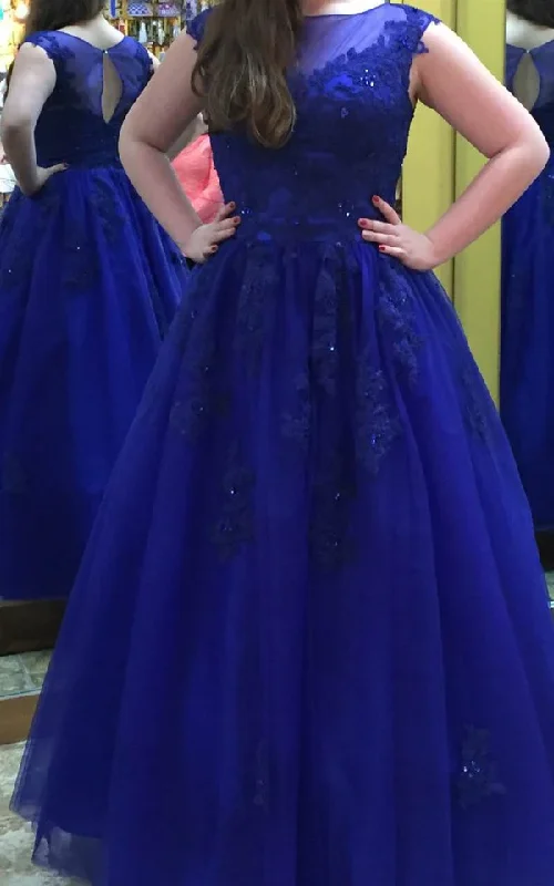 draped dressRoyal Blue Beading Appliques A-Line/Princess Tulle Prom Dresses Y1196