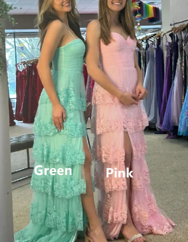 Crazy Deals vintage dressPink Spaghetti Straps Tiered Long Prom Dress with Slit, DP2600