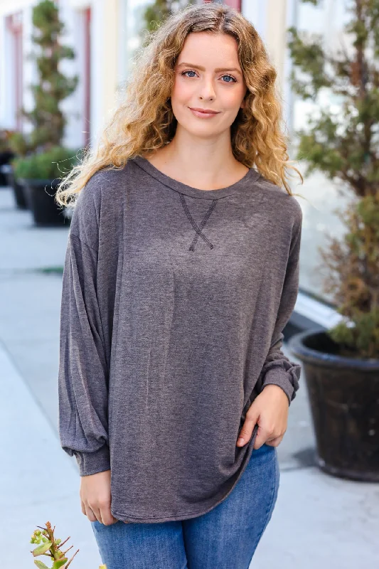 Final Sale Everyday Charcoal French Terry Long Sleeve Sweater Top (Open Pack)