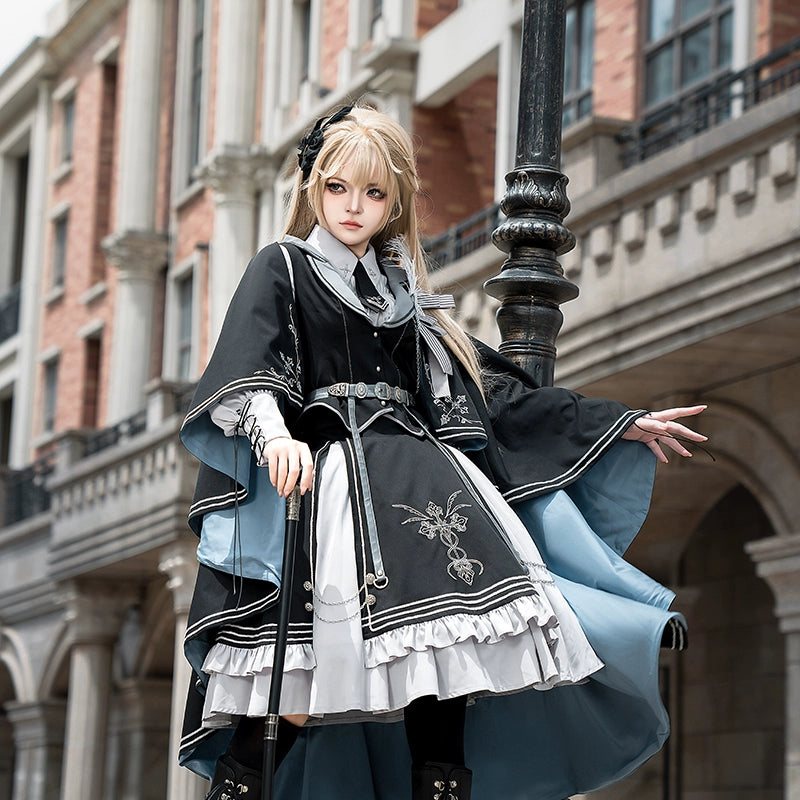 textured dressCHUNLV LOLITA~Dark Night Contract~Blue Military Lolita Dress Suit Skirt Elegant OP Cape