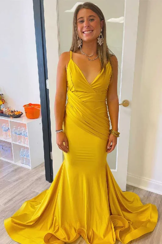 wool dressStraps Mermaid Mustard Yellow Pleated Long Prom Dress Y866