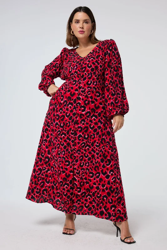 Savings Alert pleated dressRed with Pink and Black Pop Leopard Blouson Sleeve Midi Tea Dress